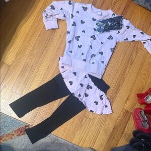 Pink Heart Sweatshirt and Black Leggings and bow Set matching Valentines Day 3T